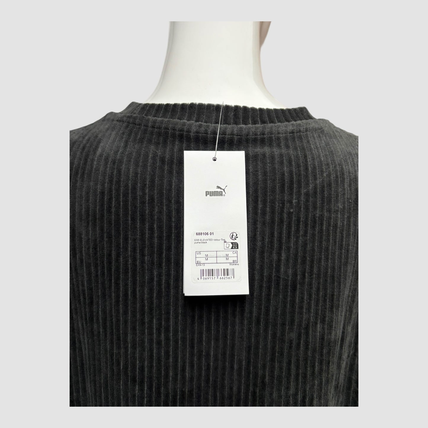 T-Shirt Puma ESS Elevated Velour Rib Unissexo Preto/Azul Marinho Acinzentado Tamanho M Nova