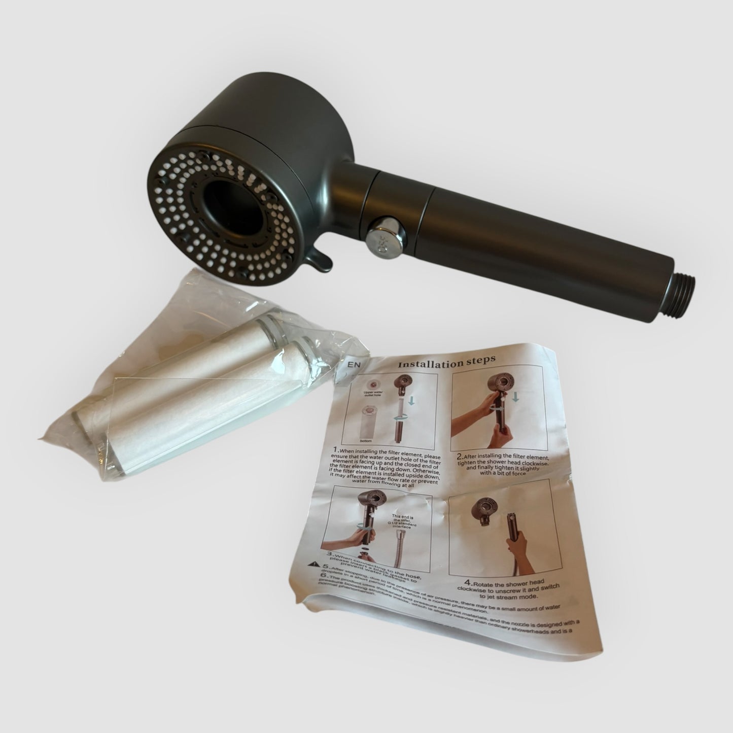 Cabeça de Chuveiro com Filtro de Água e Aumento de Pressão | Cinzento