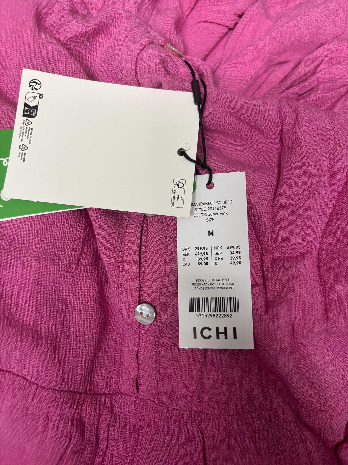 Vestido ICHI Rosa EcoVero Sem Mangas Mulher Tamanho M Novo com Etiqueta