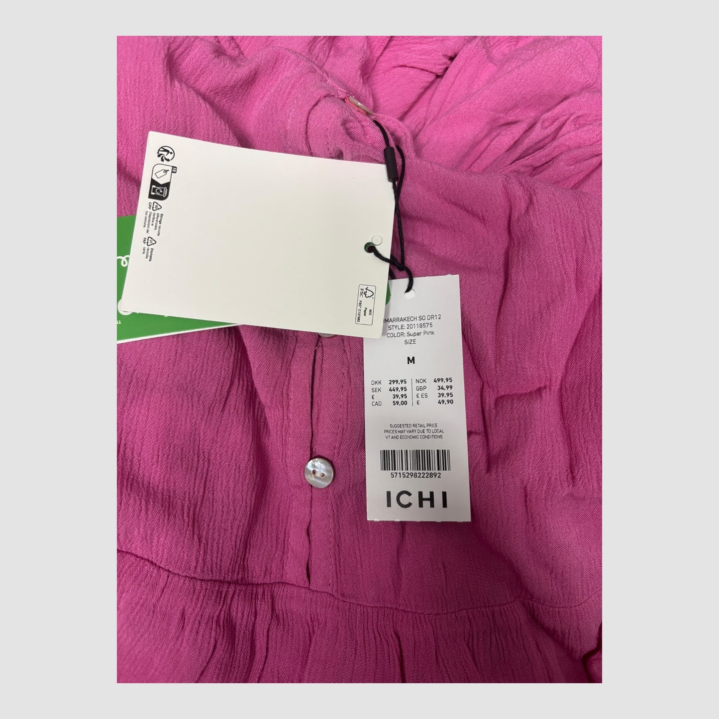 Vestido ICHI Rosa EcoVero Sem Mangas Mulher Tamanho M Novo com Etiqueta
