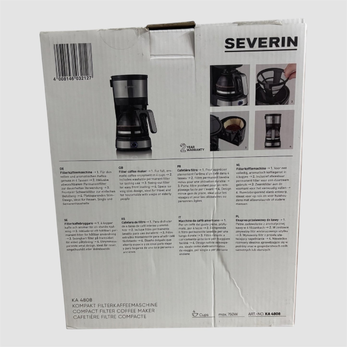 Máquina de café de filtro Severin KA4808 de 750w - 4 Chávenas