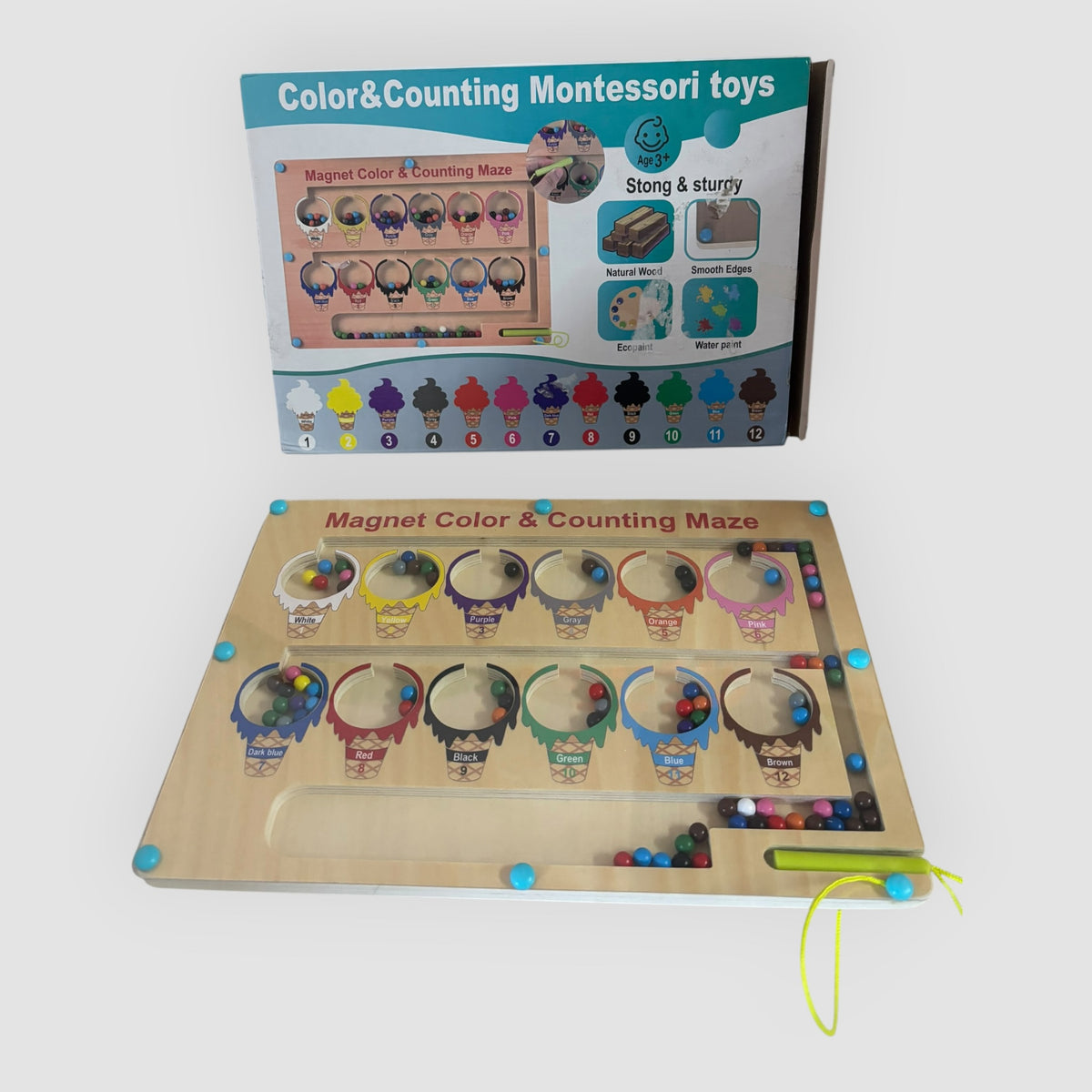 Jogo Montessori Labirinto Magnético de Madeira – Cores e Números