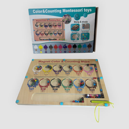 Jogo Montessori Labirinto Magnético de Madeira – Cores e Números