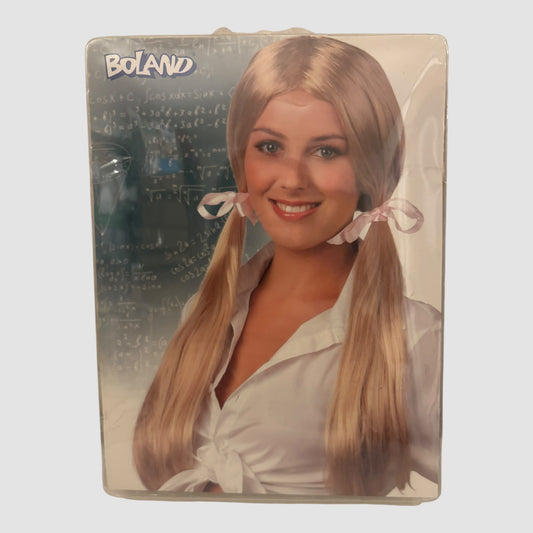 Peruca Loira Colegial/Universitária c/ 2 Tranças e Laços – Boland 86379 (Adulto, Sintética) Nova