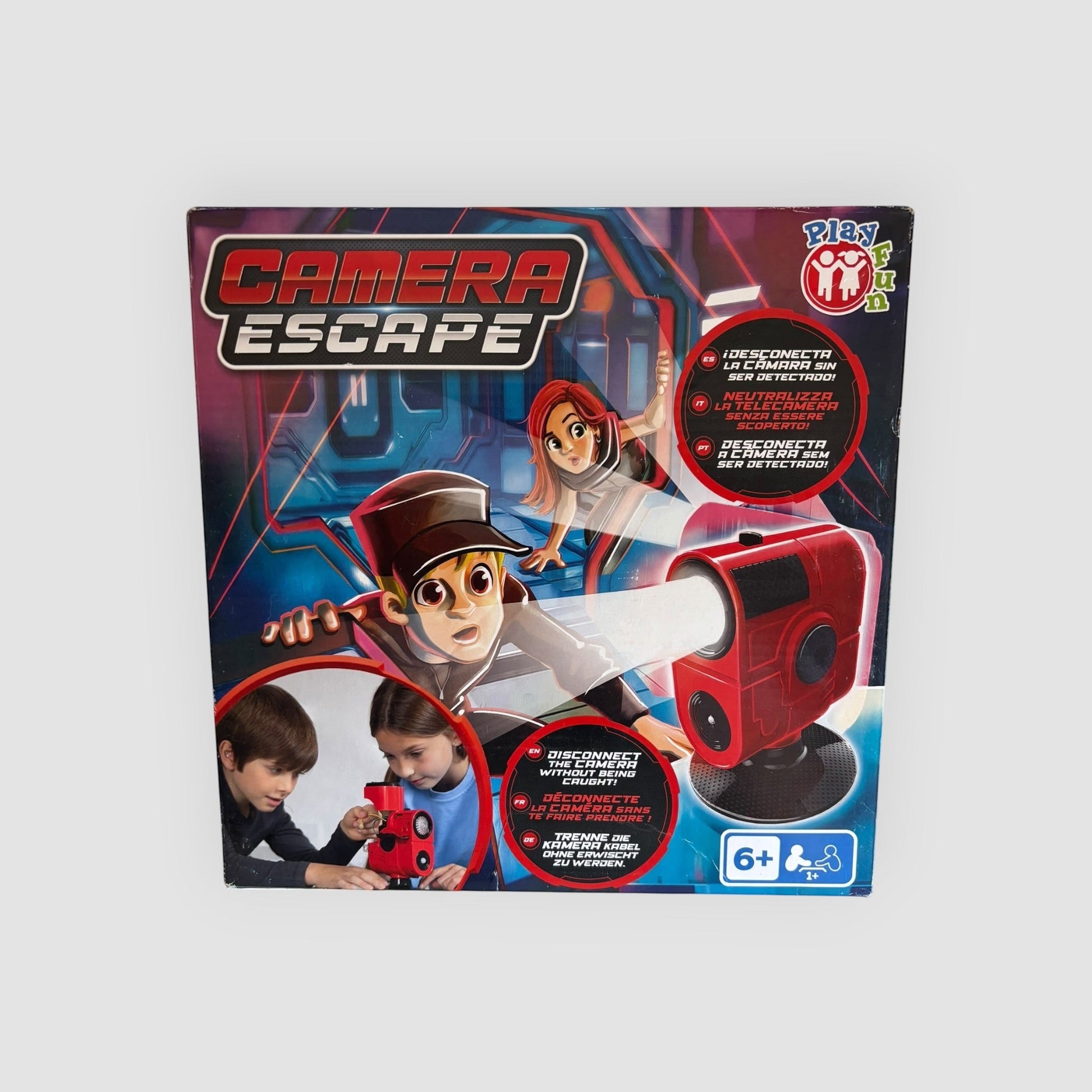 Caixa do jogo de espião Camera Escape da Danu Store com câmara vermelha e ilustrações de agentes secretos
